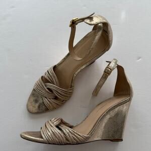 Loefller Randall Allegra Wedge Heels Sandals Gold Size 9 Open Toe Ankle Strap